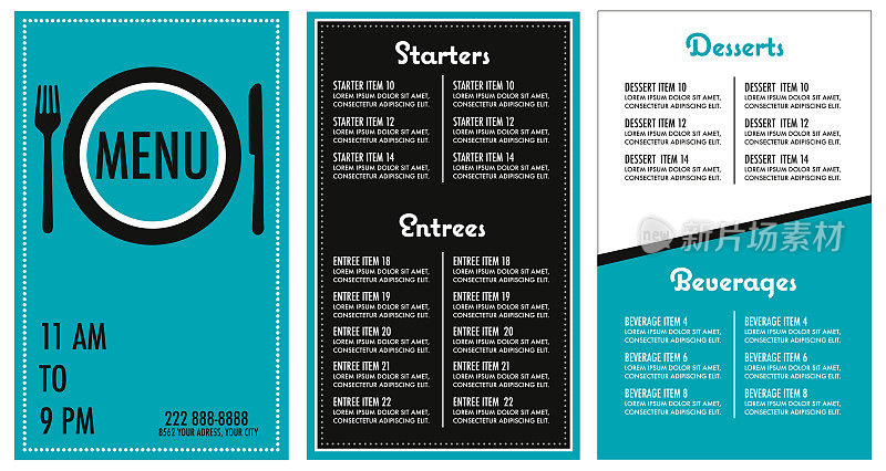 Restaurant menu turquoise modern design template main font is futura